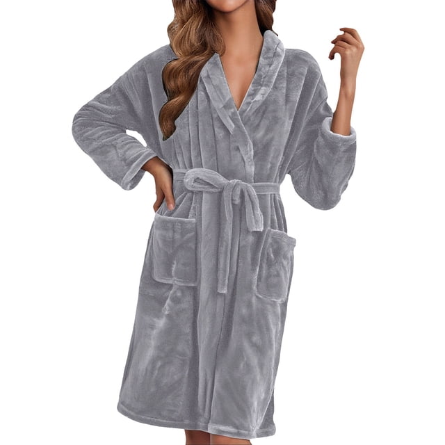 ManxiVoo Plush Fleece Long Robe Shawl Collar Cozy Warm Bathrobe Spa Relaxation House Coat M Size Light Ashy