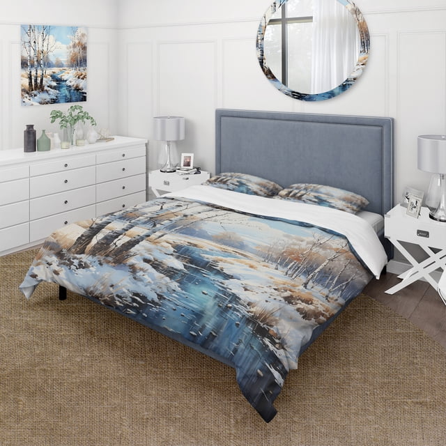 Designart "Birch Woods Winter IV" Tree Birch Bedding Covert Set - Traditional Blue Floral Bed Set With 2 Shams