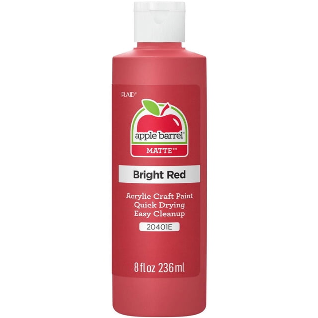 Apple Barrel Colors Matte Acrylic Craft Paint bright red in an 8 fl. oz. (236 ml) bottle with white flip-top cap, quick drying and easy to clean, ideal for crafting on wood, paper, canvas, and more surfaces.