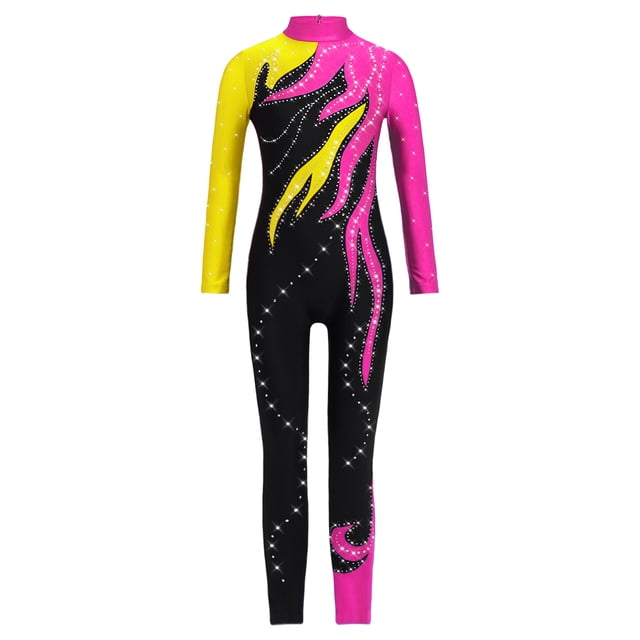 CHICTRY Kids Girls Sparkly Rhinestone Long Sleeve Unitard Full Body Jumpsuit One Piece Bodysuit Yellow&Hot Pink 12