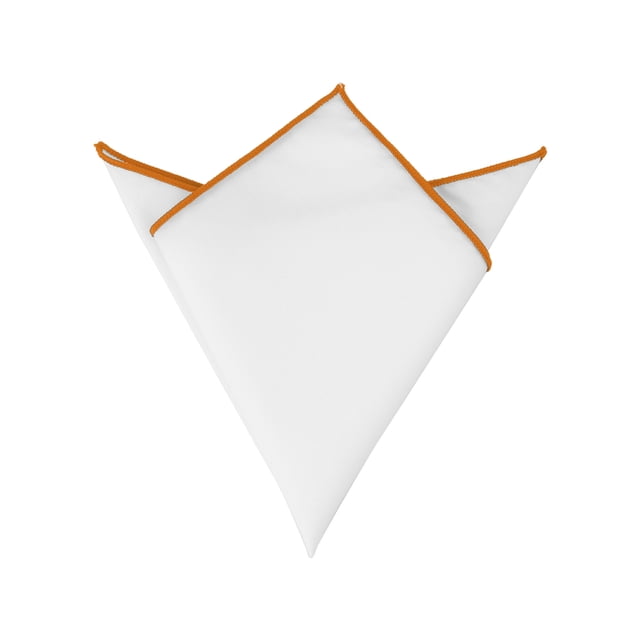 INSPIRE CHIC Men's Pocket Square Cotton Handkerchiefs for Suits Jacket in white with an orange edge, folded in a one-point style. Made of cotton, measuring 23cm x 23cm (9.1 inches x 9.1 inches). Ideal for men's accessories, formal wear, business, or casual events.