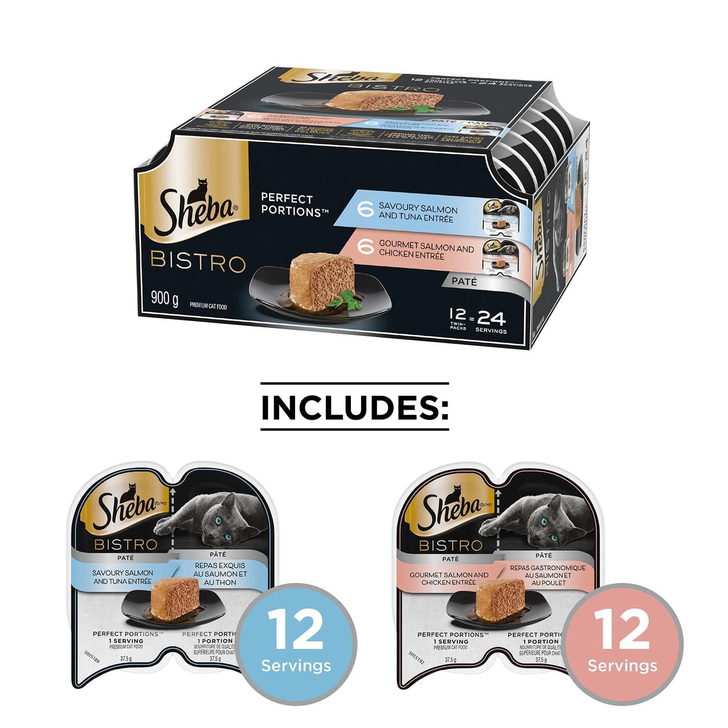 Sheba Bistro Perfect Portions Salmon & Chicken and Savoury Salmon & Tuna Adult Wet Cat Food Paté Variety 12 Pack