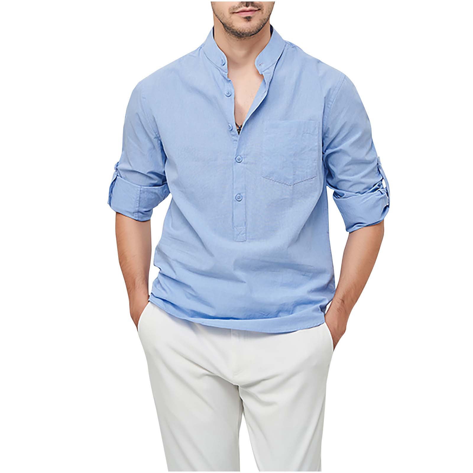 T-shirts pour Hommes Décontractés Hommes Décontracté Col Rabattu Chandail à Enfiler Bouton Manches Longues Décontracté Mode Coton-comme Lin T-Shirts à Manches Longues pour Hommes