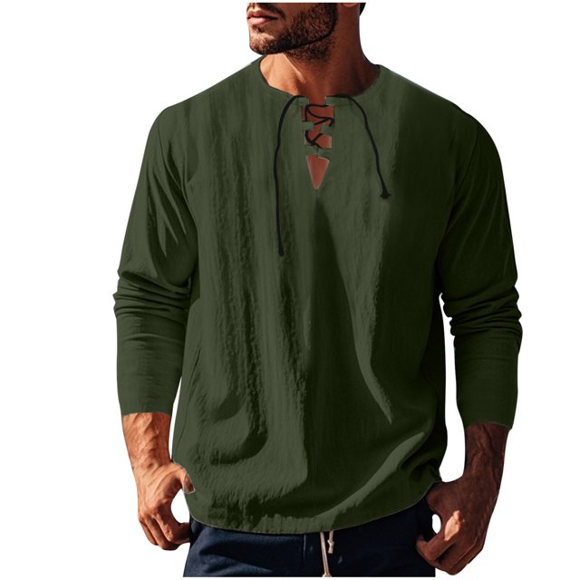 zbxnLI Mens Linen Shirts Drawstring V Neck Long Sleeve Shirt Lightweight Spring Fall Long Sleeve T-Shirts