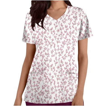 Pisexur Womens Hauts de Sarrau avec Imprimés Floraux Colorés et Manches Courtes, Hauts de Sarrau Adaptés aux Uniformes d'Infirmière avec Poches Pratiques
