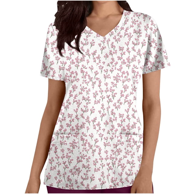 Pisexur Womens Scrub Tops Boasting Colorful Floral Prints Along With Short Sleeve Scrub Tops Suitable for Nursing Uniforms With Convenient Pockets