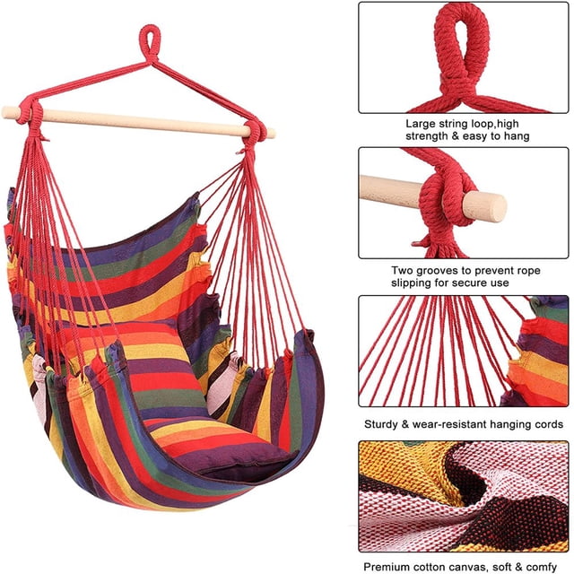 Hammock Chair Hanging Rope Swing with 2 Cushions Anti-Slip Rings for Any Indoor or Outdoor Spaces
