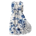 thumbnail image 1 of Women's Fashion Floral Boho Lapel V Neck Button Flowy Fall Dress Elegant Casual Drawstring Summer Tea Length A Line Dress 3/4 Sleeve Spring Clearance Workout Blue XL, 1 of 5