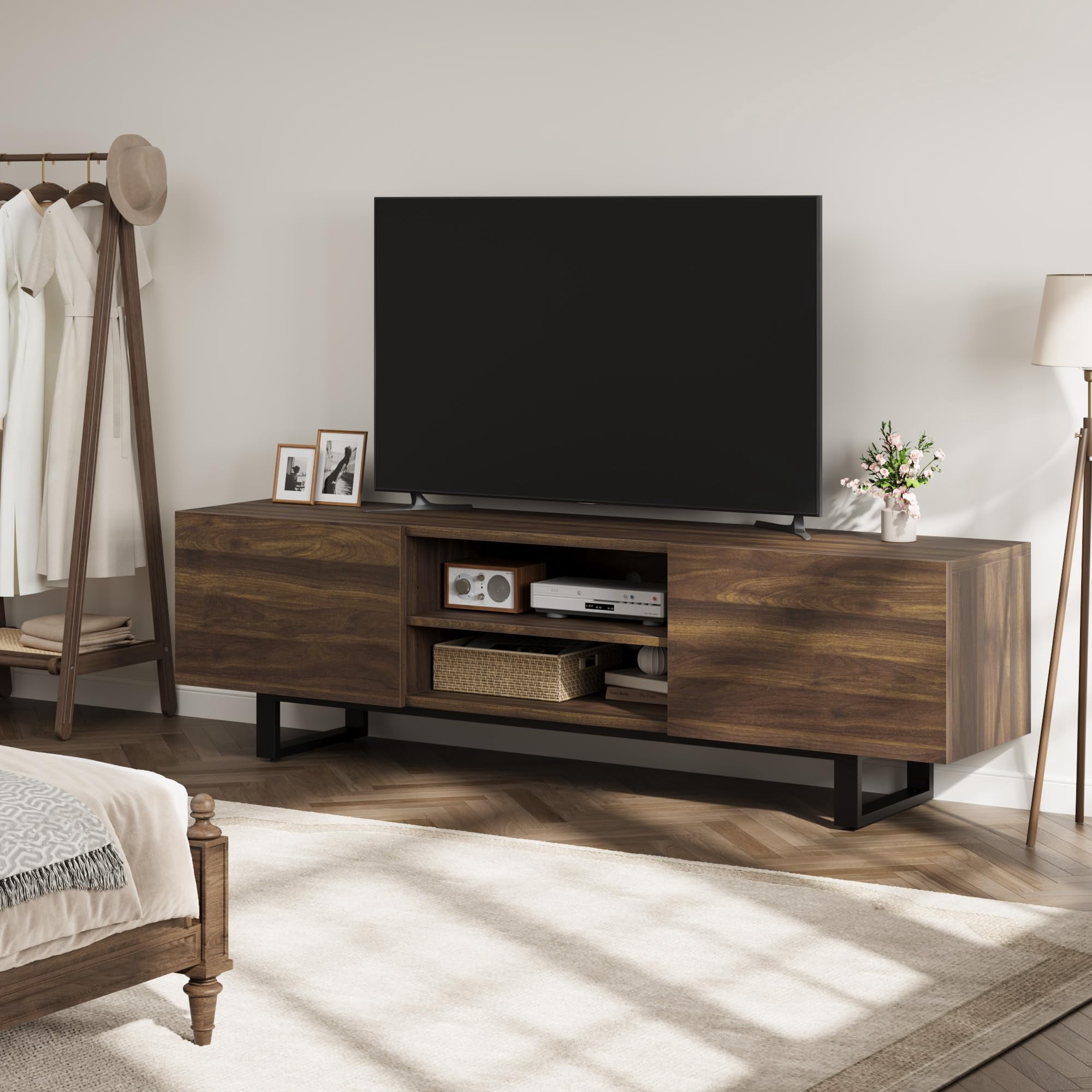 Modern Wooden TV Stand for 65-80 Inch TVs – 2 Drawers, Open Shelves, Heavy Duty Metal Legs, Media Console Storage Cabinet – Ideal for Living Room or Bedroom – Brown