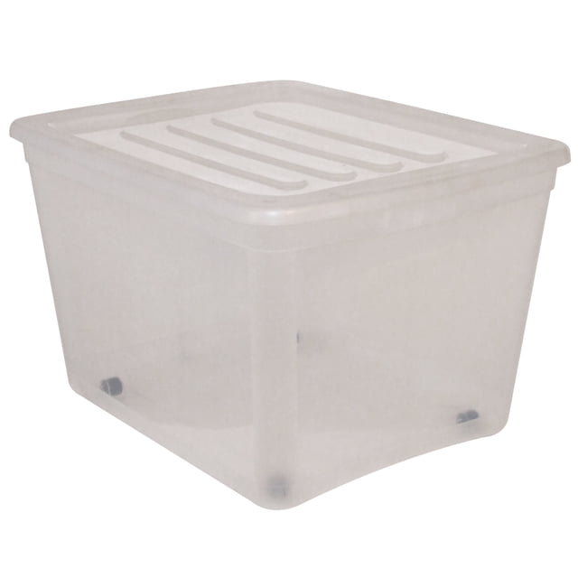 Gracious Living 80L Clear Snap Lid Tote shown in a 3/4 profile view with a clear plastic body and snap-tight lid featuring raised ridges for stacking. It includes built-in wheels and contoured handles for easy carrying, suitable for home storage and organization.