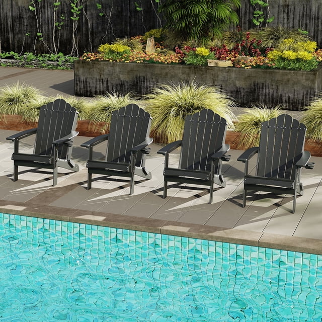 Gymax Lot de 4 Chaises Adirondack Pliantes pour Patio, Résistantes aux Intempéries, avec Porte-Gobelet, Cour, Gris