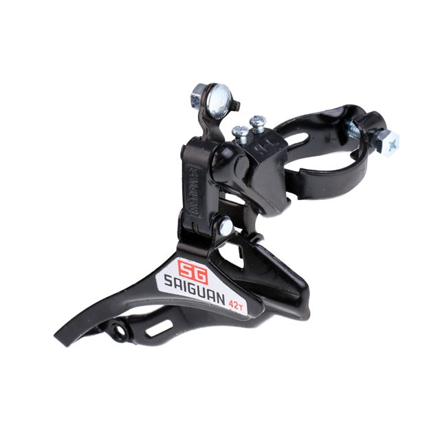 Road Bike Mountain Front Derailleur - Black, Top Pull Front Derailleur. Made of durable steel with a clamp-on design and a 31.8mm clamp size. Features top or bottom cable pull compatibility. Dimensions are 10.5 x 8.5 cm. Suitable for enhancing bike performance.