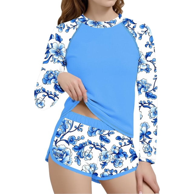 RXMEKW Swimsuit Set for Girls with Floral Print Two-Piece Beach Swimsuit Long Sleeve Rash Guard and Swim Shorts for Kids and Teens Summer Pool and Ocean