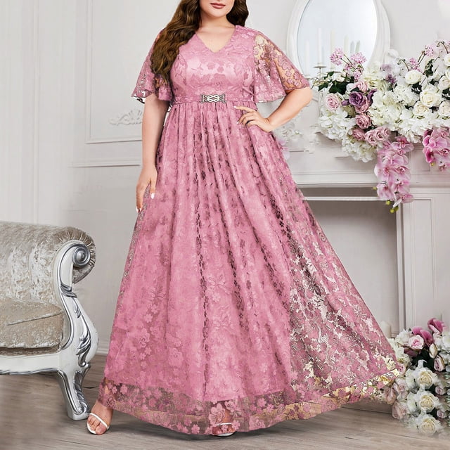 Ovzne Robes pour Femmes 2025 Robe d'Été Femmes Grande Taille Mode Élégante Longue Dentelle Col en V Jupe Jupe Robe Robe Robe d'Été Liquidation