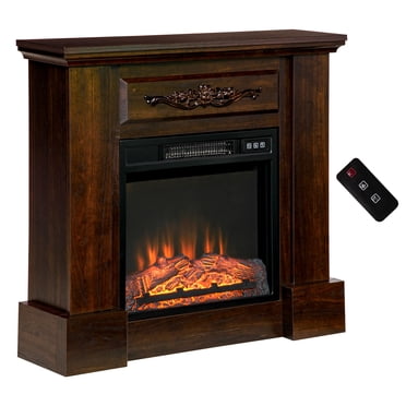 HOMCOM Electric Fireplace Heater with Wood Mantel and Remote Control, Brown