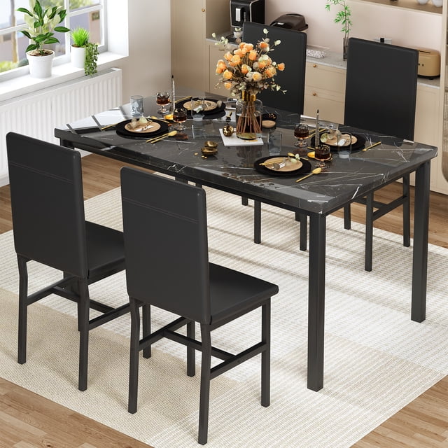 Stmoze Dining Table Set for 4, Faux Marble Dining Room Table and Chairs Set, 5 Pieces Rectangle Kitchen Table Set with Durable Leather Upholstered Chairs, for Dining Room, Kitchen, Black