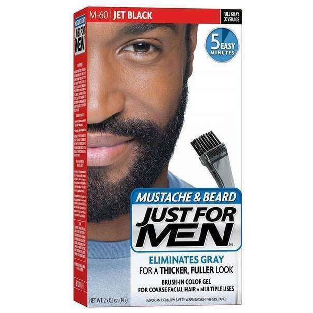 Brush-In Color Gel Mustache & Beard Jet Black # M-60 by Just For Men for Men - 1 Kit Mustache & Beard Color. The packaging features a close-up of a man with a neatly groomed beard and mustache, highlighting the product's ability to eliminate gray hairs for a thicker, fuller look. Includes a brush applicator for easy use on coarse facial hair. Suitable for semi-permanent hair colouring.