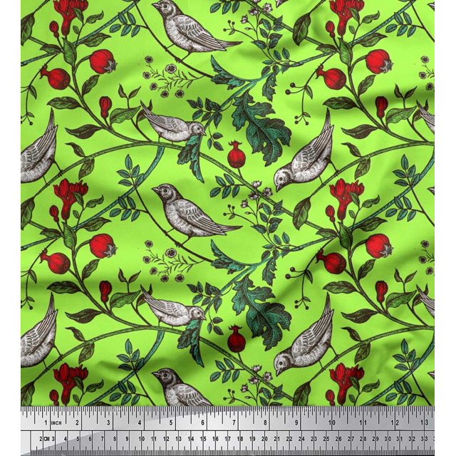 Soimoi Cotton Cambric Fabric Bird & Leaf Bird Printed Fabric 1 Yard 42 Inch Wide