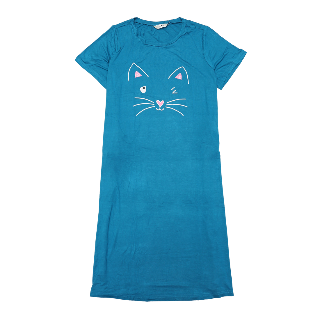 Agnes Orinda Nuisettes pour Femmes Grande Taille Fête des Mères Col Rond Manches Courtes Robe de Nuit Imprimé Chats Pyjamas Détente Maison avec Poche 1X Bleu Paon