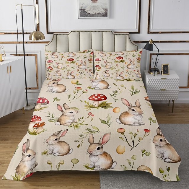 Erosebridal Kawaii Rabbit Coverlet Set King,Botanical Mushroom Bedding Set,Animal Bedroom Decor,Ultra Soft,3 Pieces