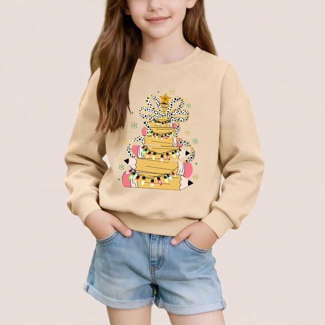 Cowsor Chandails pour Filles Enfants Mignon Graphique Col Rond Chandail à Enfiler Hauts Noël Manches Longues Chemises de Fête