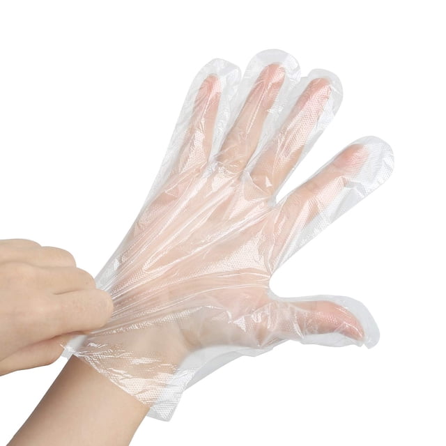 Disposable Plastic Gloves 500 PCS, Kitchen Food Grade Gloves made from biodegradable polyethylene. Transparent cleaning gloves shown being worn, designed for food processing, medical care, and hair-dying. One size fits most hands, measuring 26 x 15.5 cm, lightweight at 0.6g per piece.