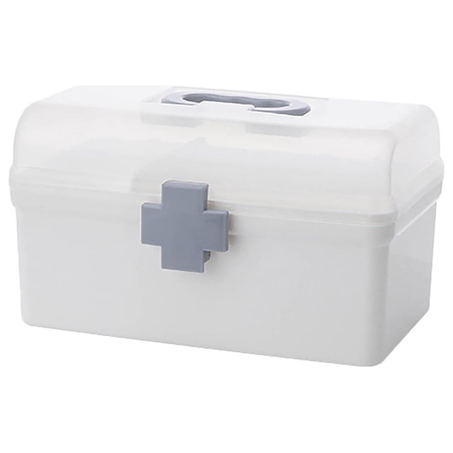 ZTTD Home First Aid Box and Travel Medicine Storage Box, a durable plastic medicine kit with a double-layer design and removable tray. Features a secure cross-shaped lock, sturdy handle, and large capacity for organizing emergency supplies, medicines, and essentials. Suitable for home, car, office, or travel use.