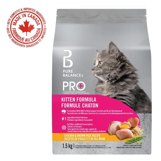 Pure Balance Pro+ Kitten Formula with Chicken & Brown Rice Dry Cat Food 1.5 kg bag featuring a gray kitten profile on gray and pink packaging, highlighting real chicken as the first ingredient, no fillers or artificial preservatives, made in Canada with domestic and imported ingredients, formulated for kittens 1 to 12 months old.