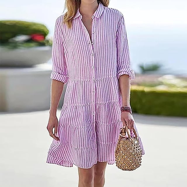 FcBaudy Robe à Manches Longues à Col Rabattu, Robes de Printemps pour Femmes, Robes pour Femmes Mode Robes pour Femmes Décontractées à Manches Longues à Rayures Imprimées Robe Chemise à Revers Jupes Rebondissantes pour Dames sur Tous les Côtés