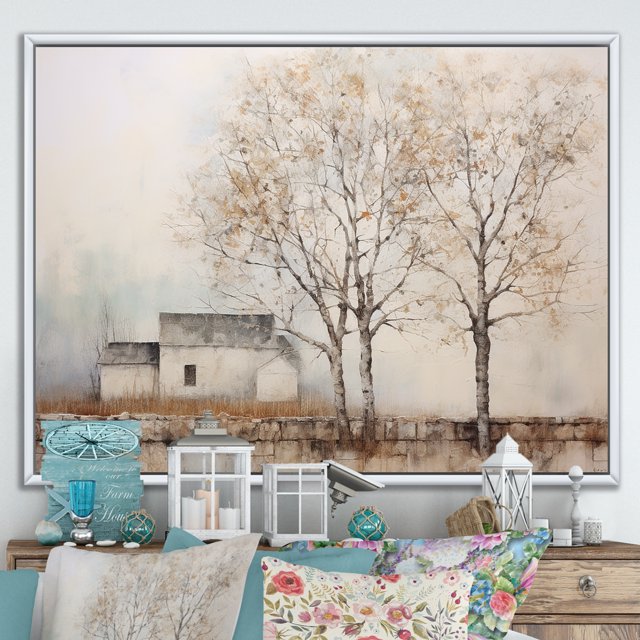 Designart Large Tree White Framed Wall Art, Rustic Farmhouse Tree Scenery , Trees framed wall art decor, Brown White Framed Wall Art, 40x30 inches White Color Frame