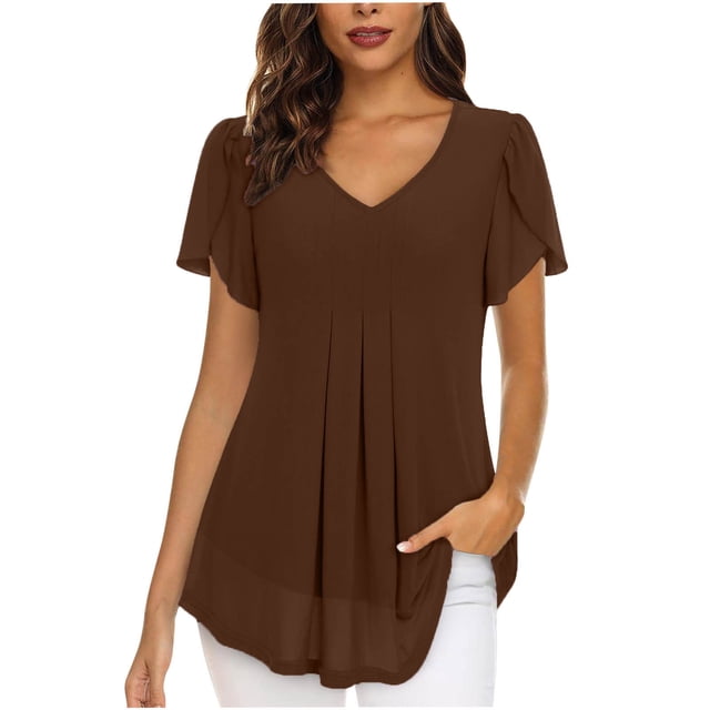 Timegard Hauts pour Femmes Été Chiffon Col en V Manches Courtes Pétale Blouse Plissée Fluide Tunique Décontractée Hauts