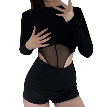 Yuyuzo Womens Long Sleeve Bodysuits Crew Neck Mesh Slim Fitted Cut out Tops Solid Color Tee Shirts