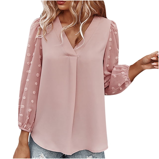 IROINID Discount Womens Long Sleeve V-Neck Shirts Summer Solid Color Chiffon Tops,Pink