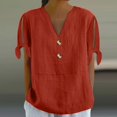 thumbnail image 2 of Tshirts Women Ladies V Neck Button Short Sleeve Top Cold Shoulder Daily Wear Spring Shirts Women Red S, 2 of 4