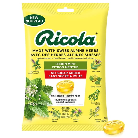 Ricola Lemon Mint No Sugar Added Throat Drops, 45 Count