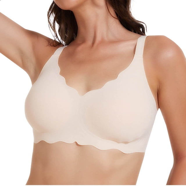 VEKDONE Fashion Women Large Size Solid Color Wave Lace Wireless Soft Support Together Daily Bra Beige M