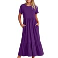 thumbnail image 2 of Penkiiy Robe Maxi Évasée d'Été Décontractée pour Femme à Manches Courtes et Col Ras du Cou, Fluide, Asymétrique, à Étages, Robe de Plage avec Poches, G Violet, 2 of 8
