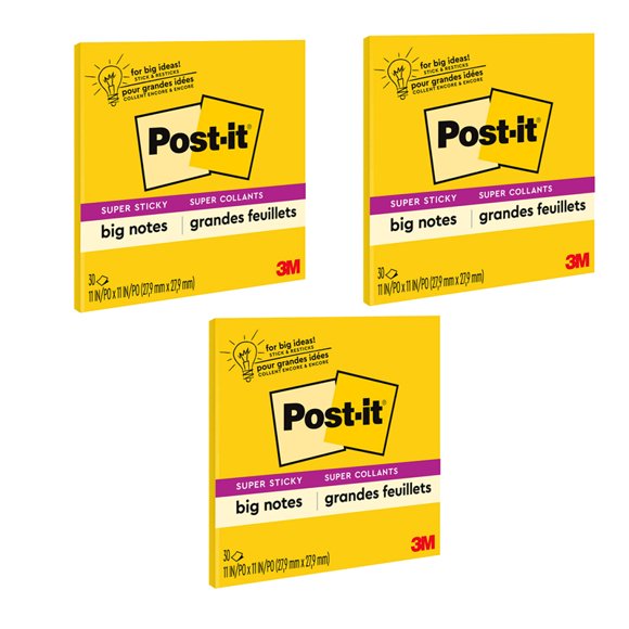 Super Sticky Big Note, 11 In. X 11 In., Yellow, 30 Sheets/Pad, Pack Of 3