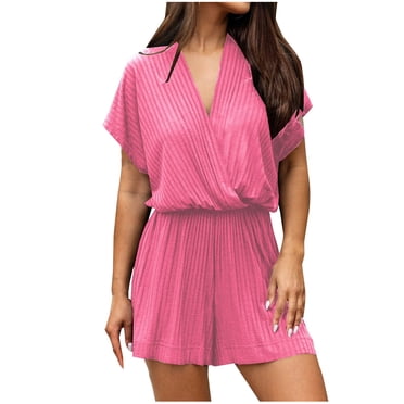 Yanlir Salopettes pour Femmes d'Été et de Printemps, Combinaisons Décontractées à Taille Élastique, Col en V, Sans Manches, Shorts Amples, Combinaisons 2025, Tenues de Vacances à la Plage (Rose Vif, TG)