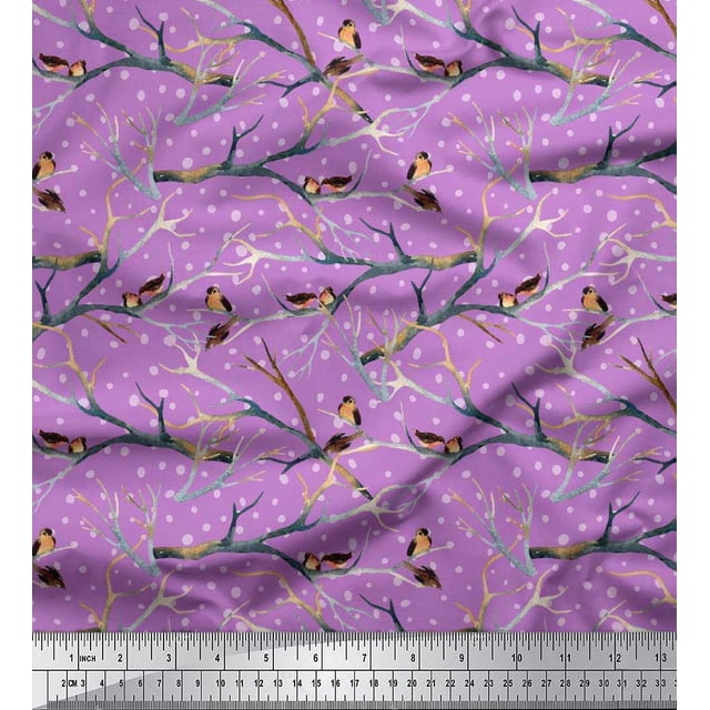 Soimoi Purple Poly Georgette Fabric Branch,Dot & American Robin Bird Print Sewing Fabric BTY 52 Inch Wide