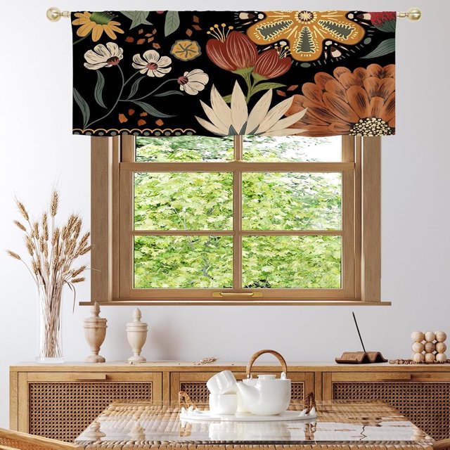Black Boho Kitchen Curtains Valances, Bohemian Flower Pattern Semi Sheer Kitchen Valances for Living Room, Rod Pocket Short Window Treatment Decor, 52x18