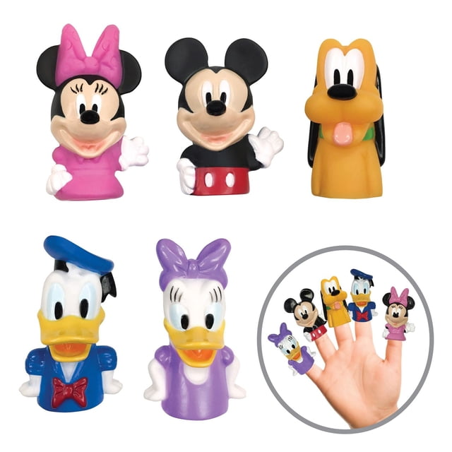 Disney Mickey Mouse & Friends Bath Finger Puppets, 5 Pack featuring waterproof, latex-free PVC puppets of Minnie Mouse in pink, Mickey Mouse with red shorts, Pluto in yellow, Donald Duck in blue sailor suit, and Daisy Duck in purple, shown on white background with a hand demonstrating finger placement, suitable for bath time and imaginative play.