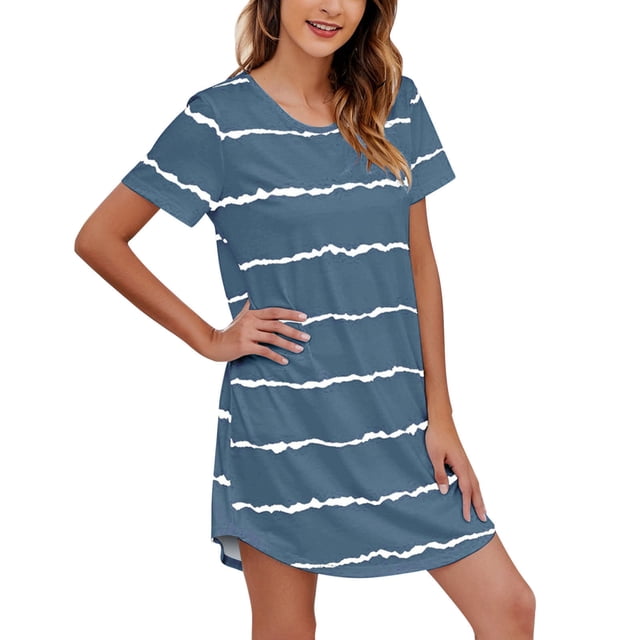 Ketyyh-chn99 Ensemble de Pyjama pour Femmes en Coton Chemise de Nuit à Manches Courtes à Rayures Imprimées Col Rond Mignonne Nuisette Confortable Robe de Nuit Bleu,P