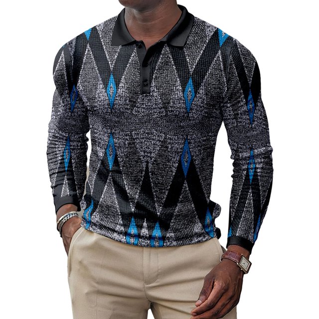 Innerwin Polo Shirt Lapel Neck Men T Shirts Business Long Sleeve Color Block Tee Style E XXL
