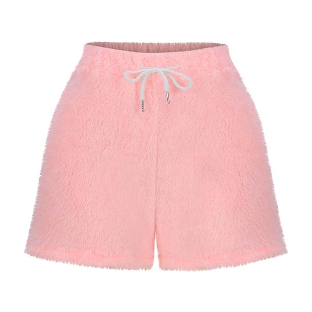 Lenpel Women's Fuzzy Pajama Shorts High Waisted Drawstring Soft