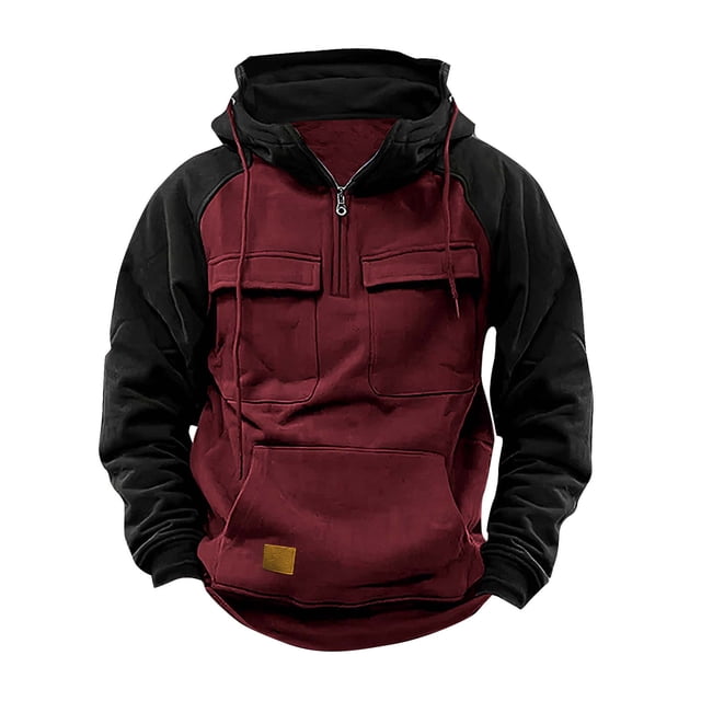RXIRUCGD Chandail en Molleton pour Hommes Fermeture à Glissière 1/4 Cargo Chandail à Capuche Sport Gym Course Extérieur Vestes d'Hiver, Rouge, Taille : TG