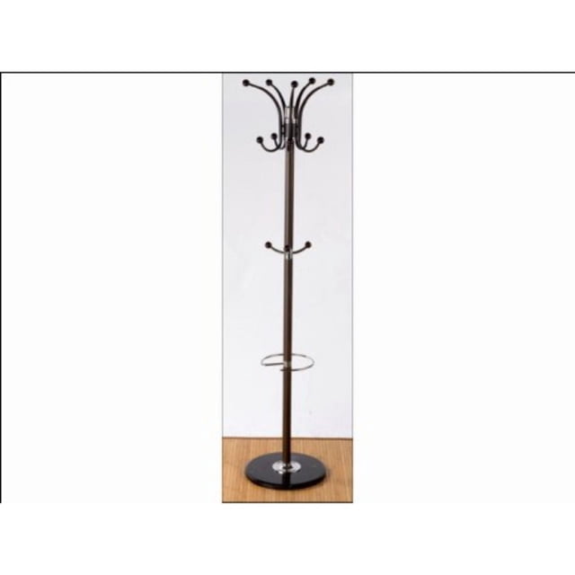 Marble Base Coat Hanger featuring a freestanding brown column with multiple curved hooks capped with balls, a swirling hoop umbrella stand, and a round black marble base for stability on a wooden floor, ideal for entryway or office storage.