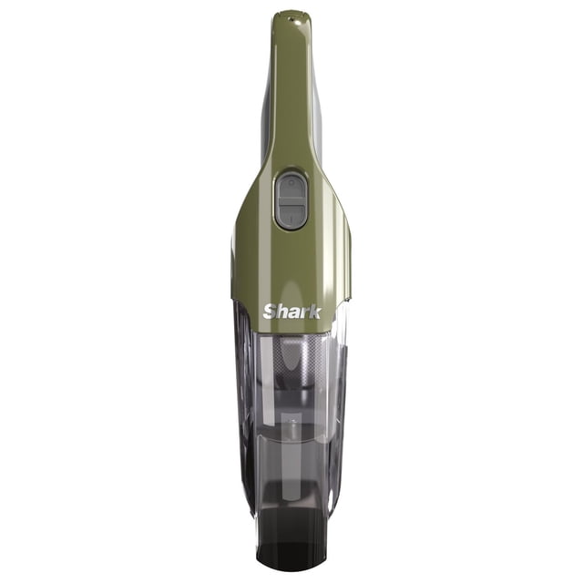 Shark Cyclone Handheld Vacuum with HyperVelocity Suction, CH700C in olive green with clear XL dust cup, featuring a compact, lightweight 1.6 lb design, USB charging port, and power button on top for cordless portable cleaning, also suitable for quick spot cleaning in vehicles.