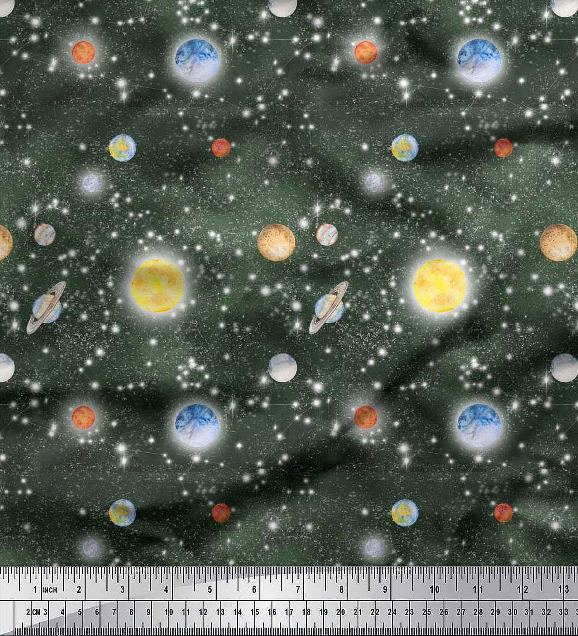 Soimoi Moss Georgette Fabric Planet & Sun Galaxy Print Fabric by the Yard 42 Inch Wide