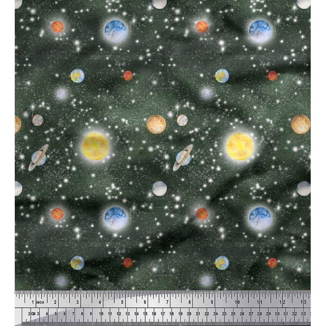 Soimoi Moss Georgette Fabric Planet & Sun Galaxy Print Fabric by the Yard 42 Inch Wide